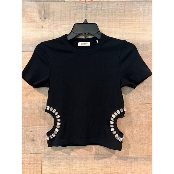 SANDRO Rhinestone-Embellished T-Shirt Size 1/ S - Picture 5 of 11